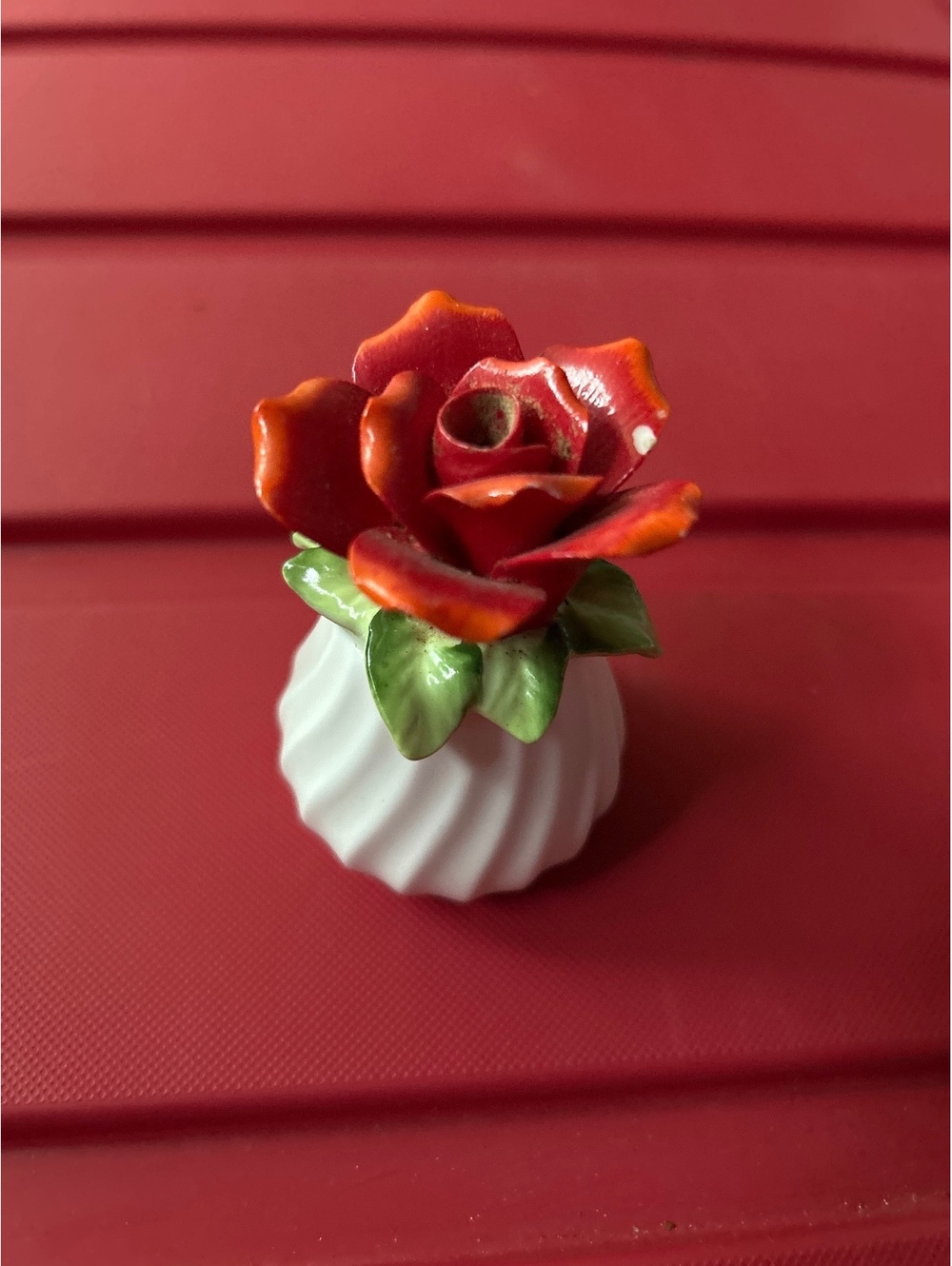 Read Vintage Porcelain Red Rose salt shaker/ Figurine in White Vase from Taiwan